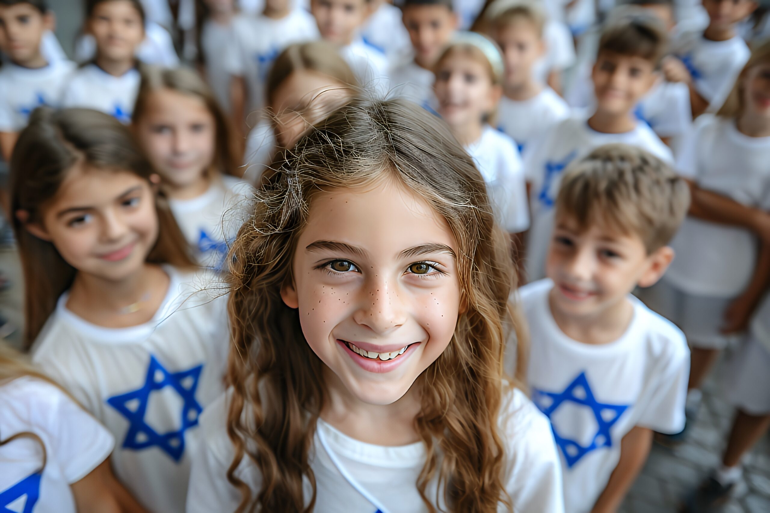 A young girl with a big smile wearing a white shirt with a blue Star of David on it, surrounded by a crowd of children in similar shirts.