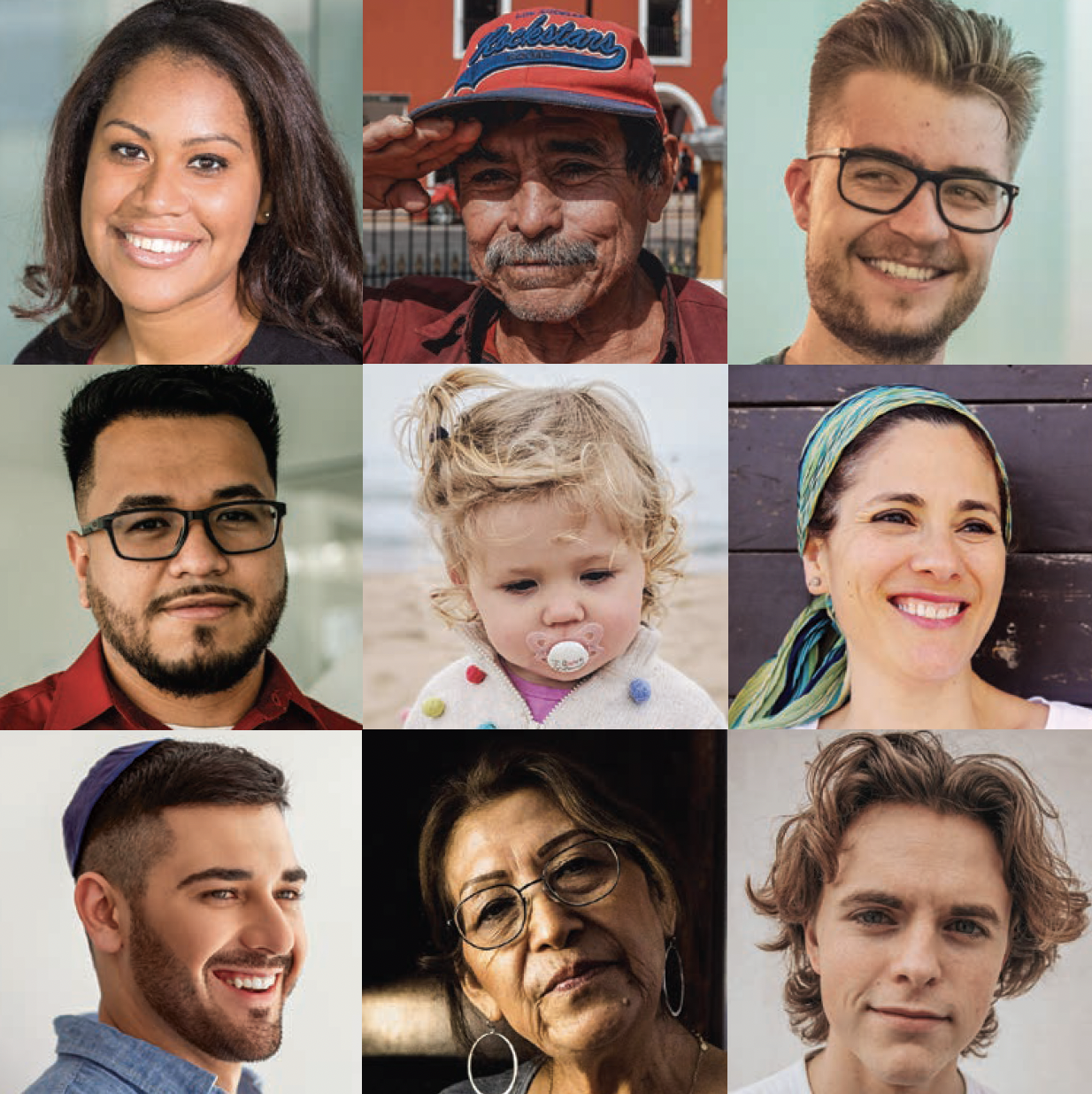 Group of 9 photos pf faces of people varying in all ways